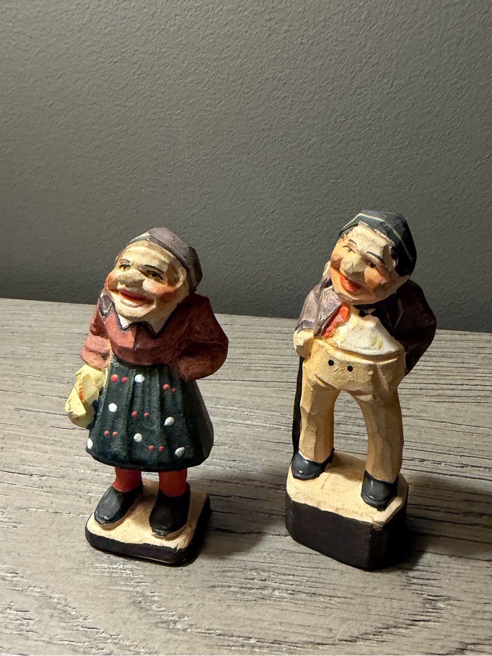 Vintage Japan Hand-Carved Folk Art Couple Figurines Set | Old Man & Woman